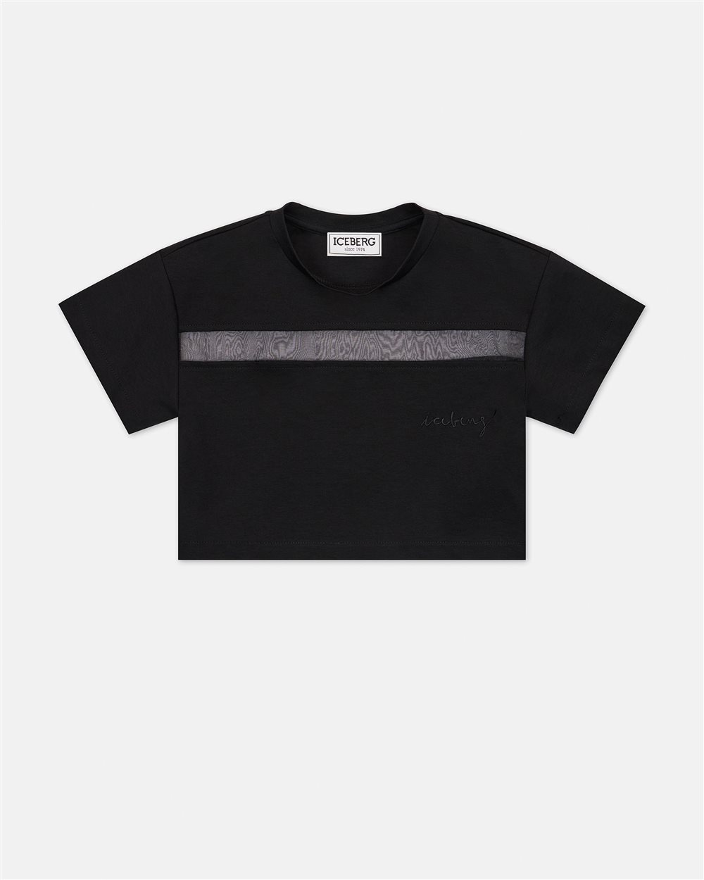 T-shirt nera modello cropped con righino grigio sul busto - Iceberg - Official Website