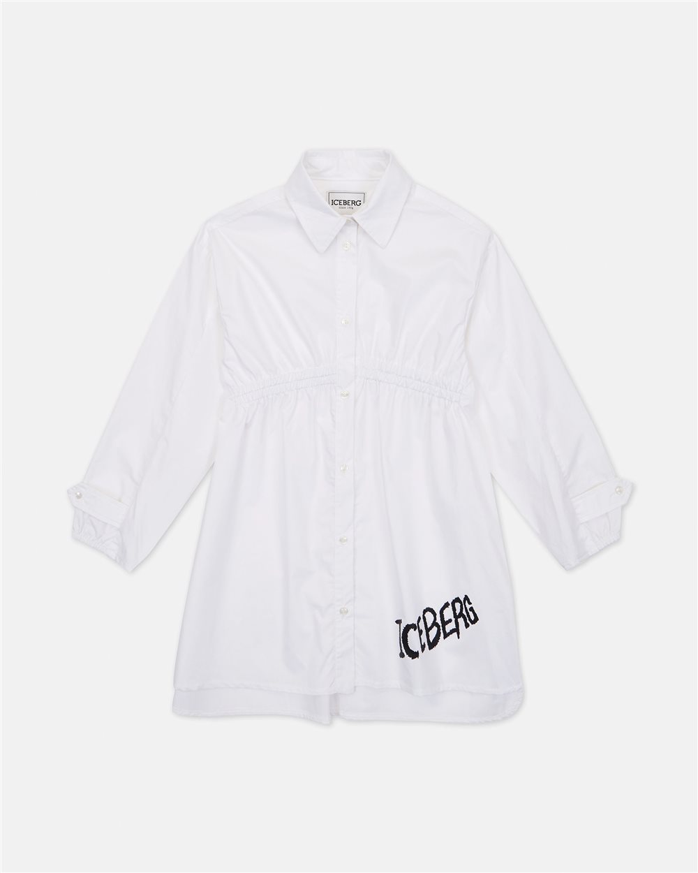 Long-sleeved chemisier dress in light blue fabric with contrasting Iceberg logo on the bottom - Iceberg - Official Website