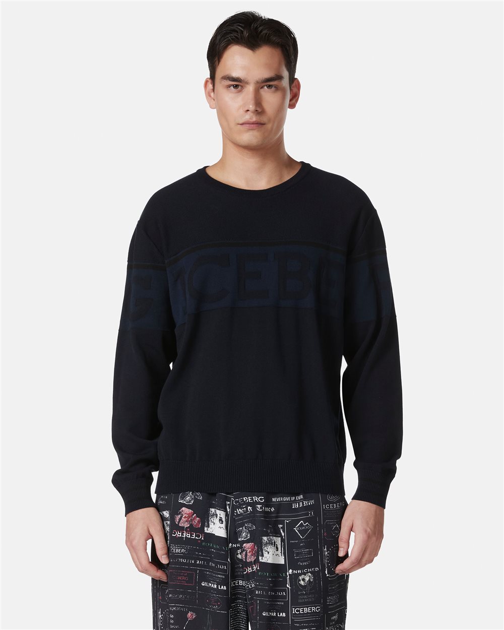 Blue crewneck sweater in Makò cotton with two-tone jacquard work - Iceberg - Official Website