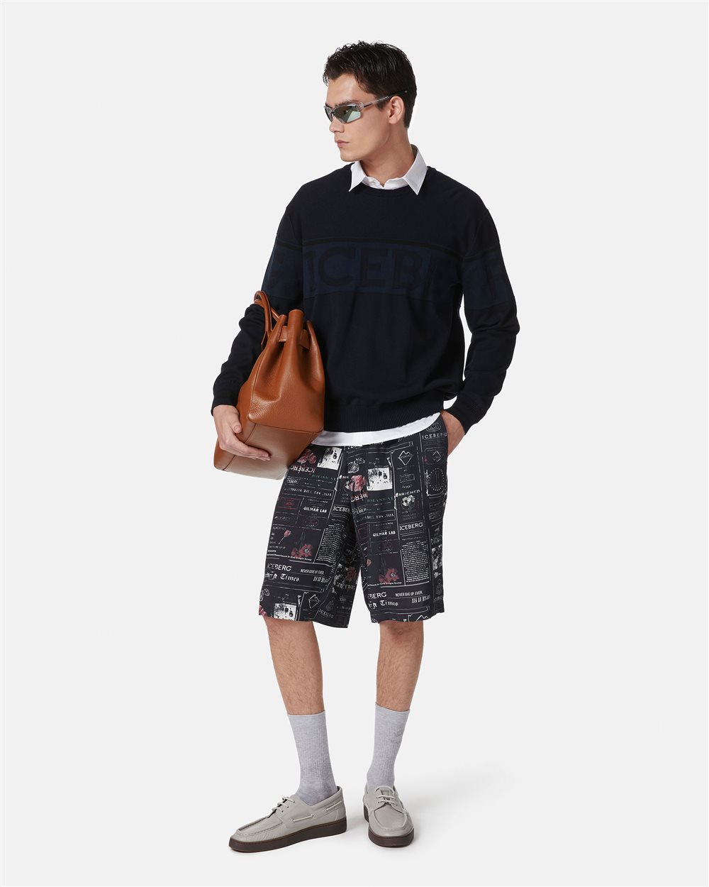 Blue crewneck sweater in Makò cotton with two-tone jacquard work - Iceberg - Official Website