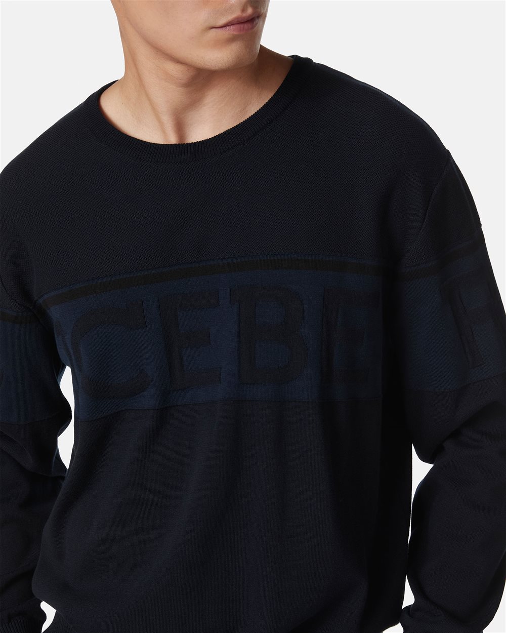 Blue crewneck sweater in Makò cotton with two-tone jacquard work - Iceberg - Official Website
