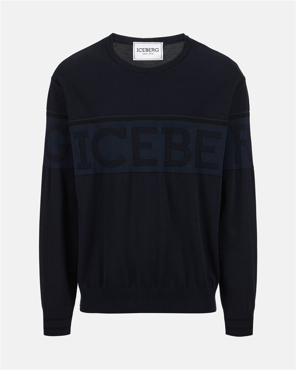 Blue crewneck sweater in Makò cotton with two-tone jacquard work - Iceberg - Official Website
