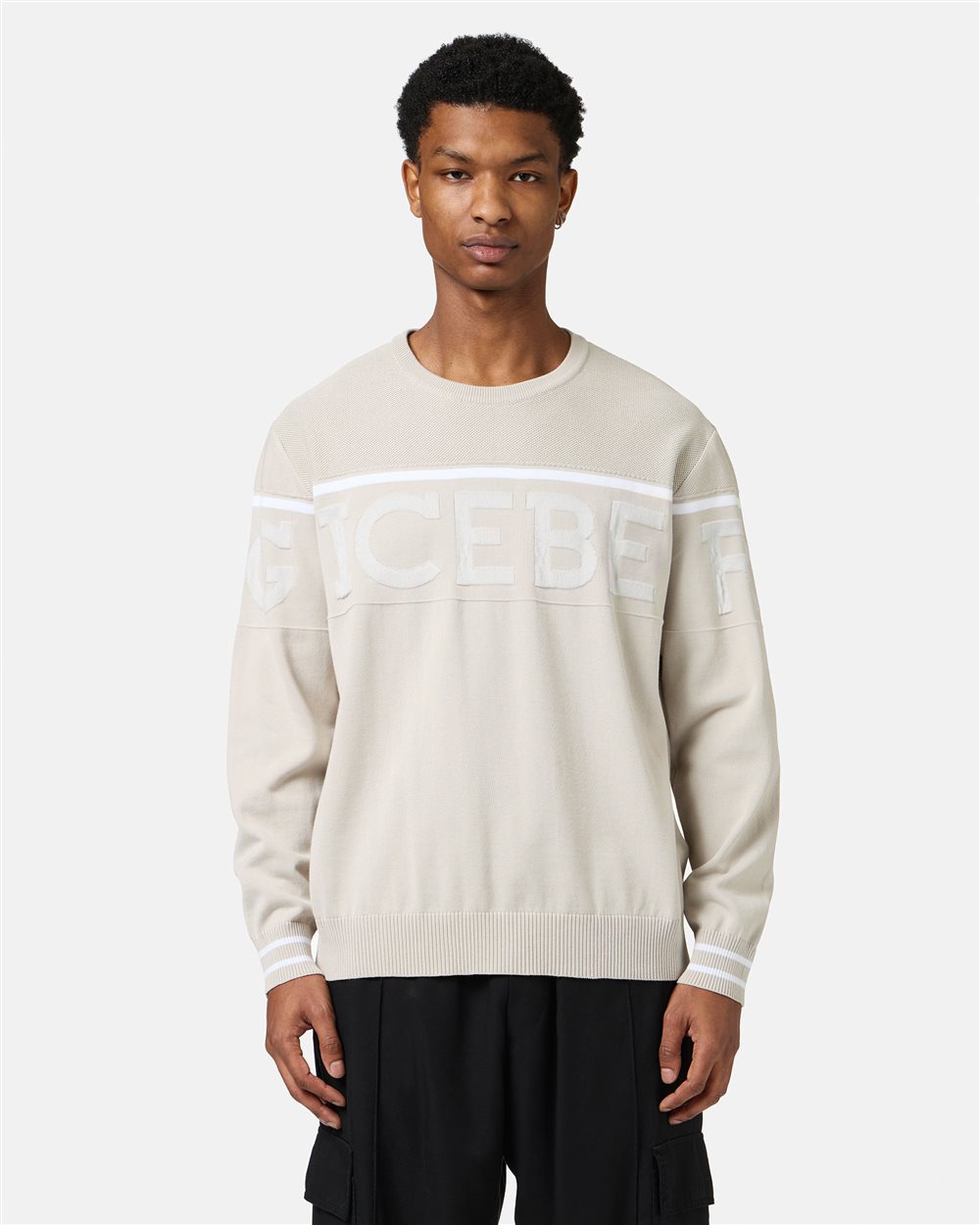 Ice colored rewneck sweater in Makò cotton with two-tone jacquard work - Iceberg - Official Website