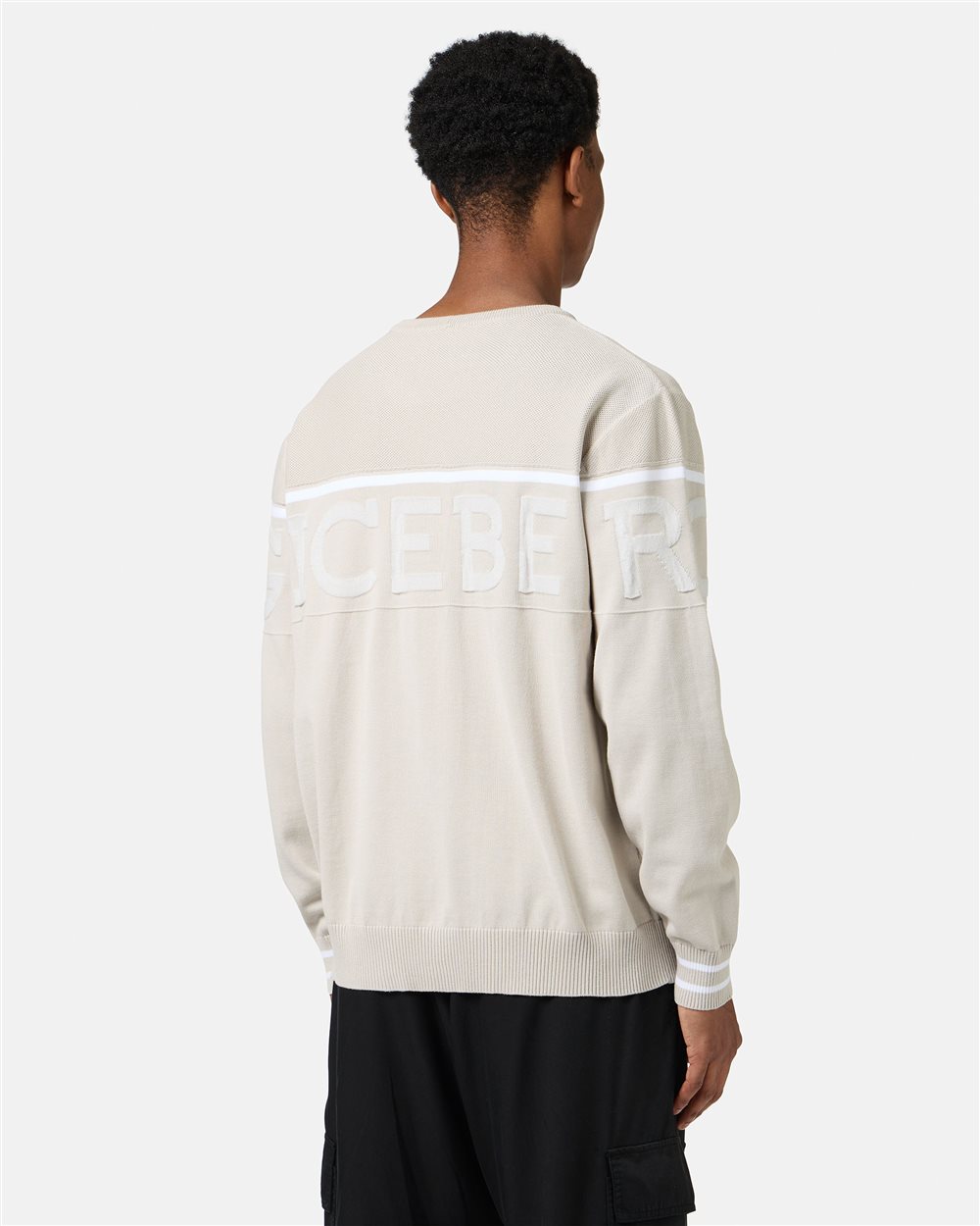 Ice colored rewneck sweater in Makò cotton with two-tone jacquard work - Iceberg - Official Website