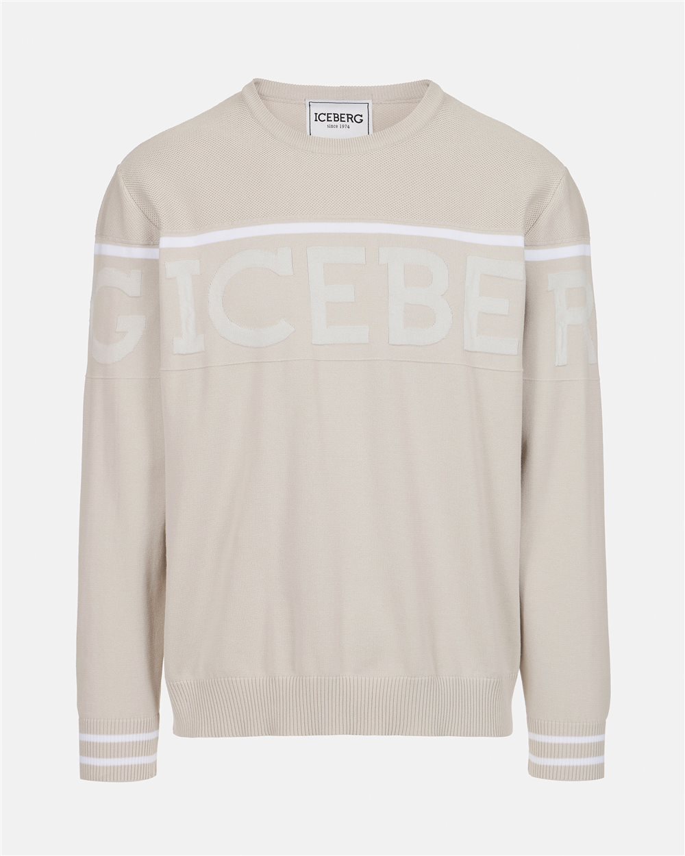 Ice colored rewneck sweater in Makò cotton with two-tone jacquard work - Iceberg - Official Website