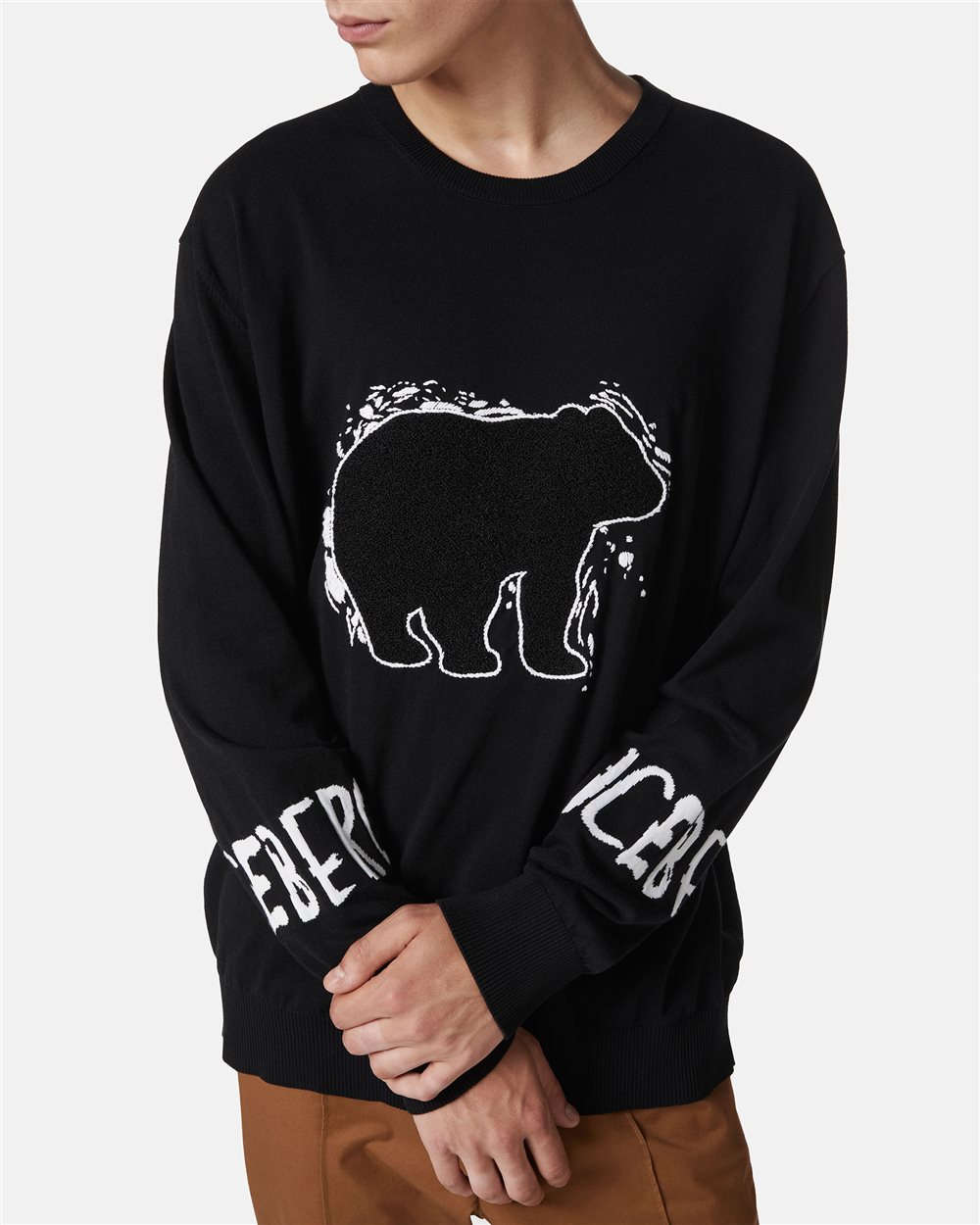 Black cotton crewneck with logo and Bear detail - Iceberg - Official Website