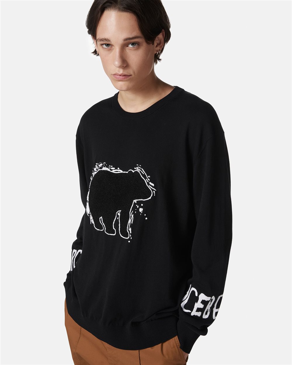 Black cotton crewneck with logo and Bear detail - Iceberg - Official Website