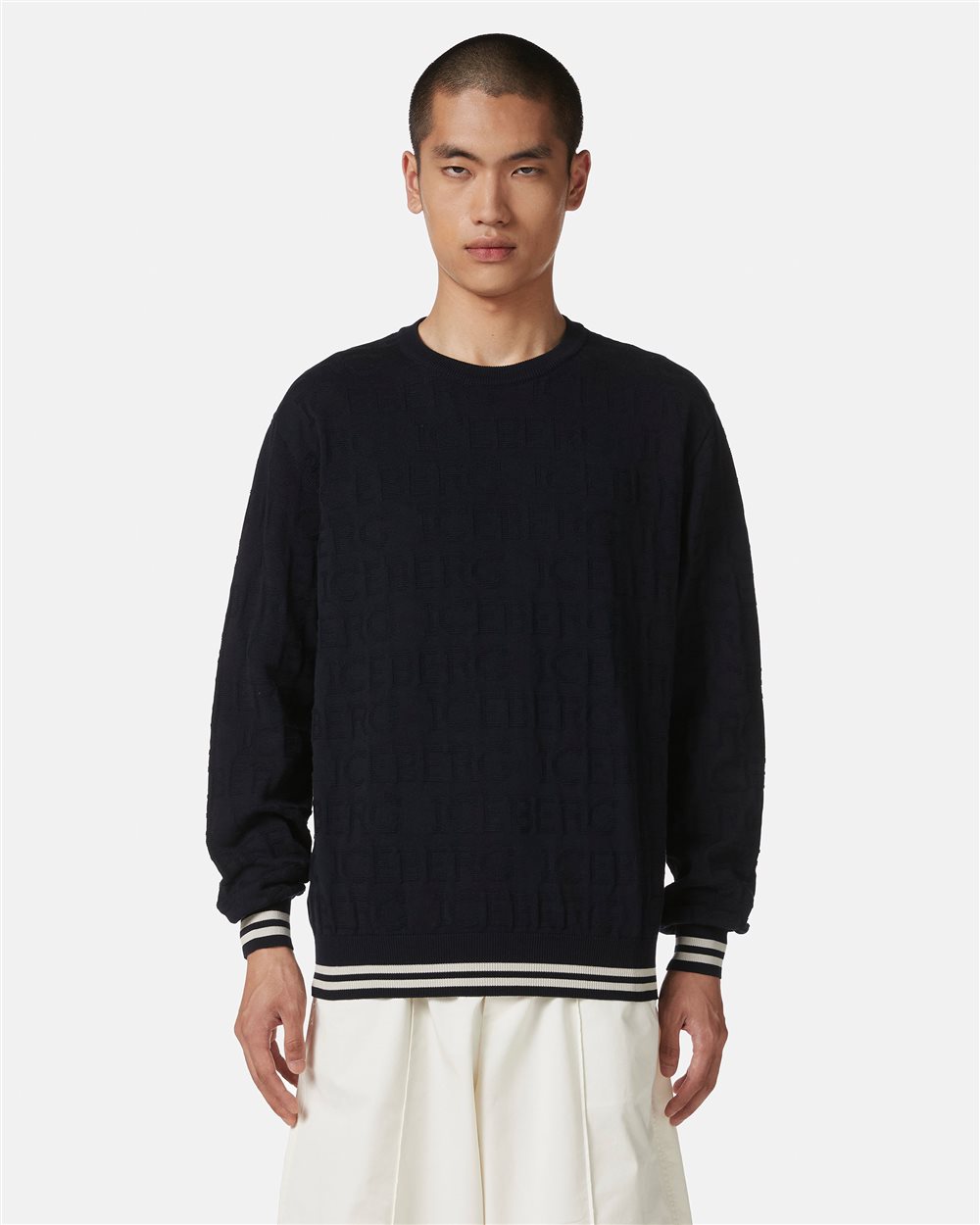 Blue crewneck sweater in 100% Cotton with allover logo - Iceberg - Official Website