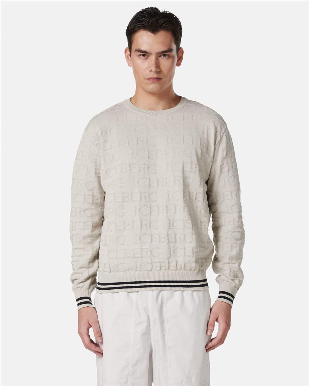 White ice crewneck sweater in 100% cotton with allover logo - Iceberg - Official Website