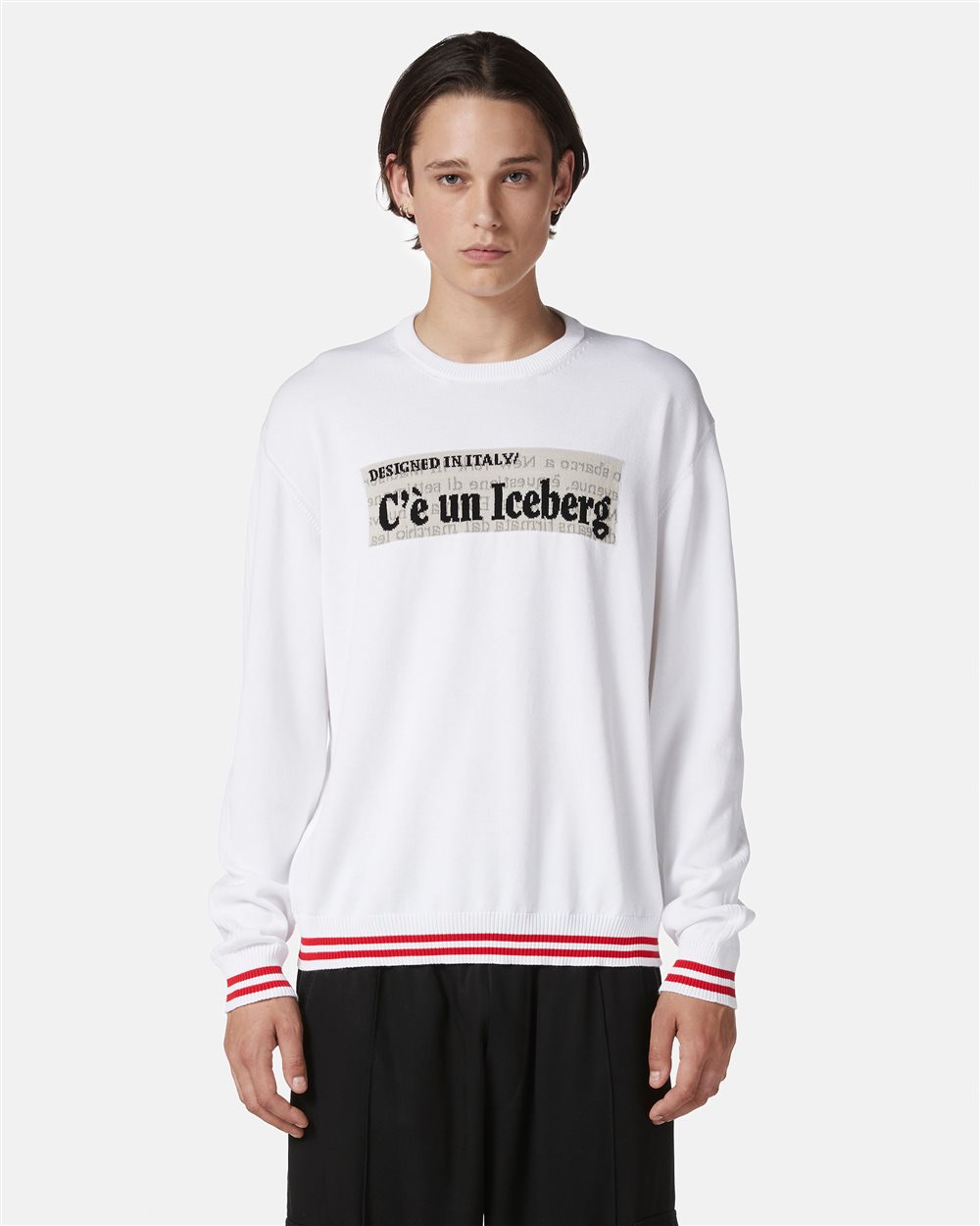 White crewneck cotton sweater with jacquard graphics - Iceberg - Official Website