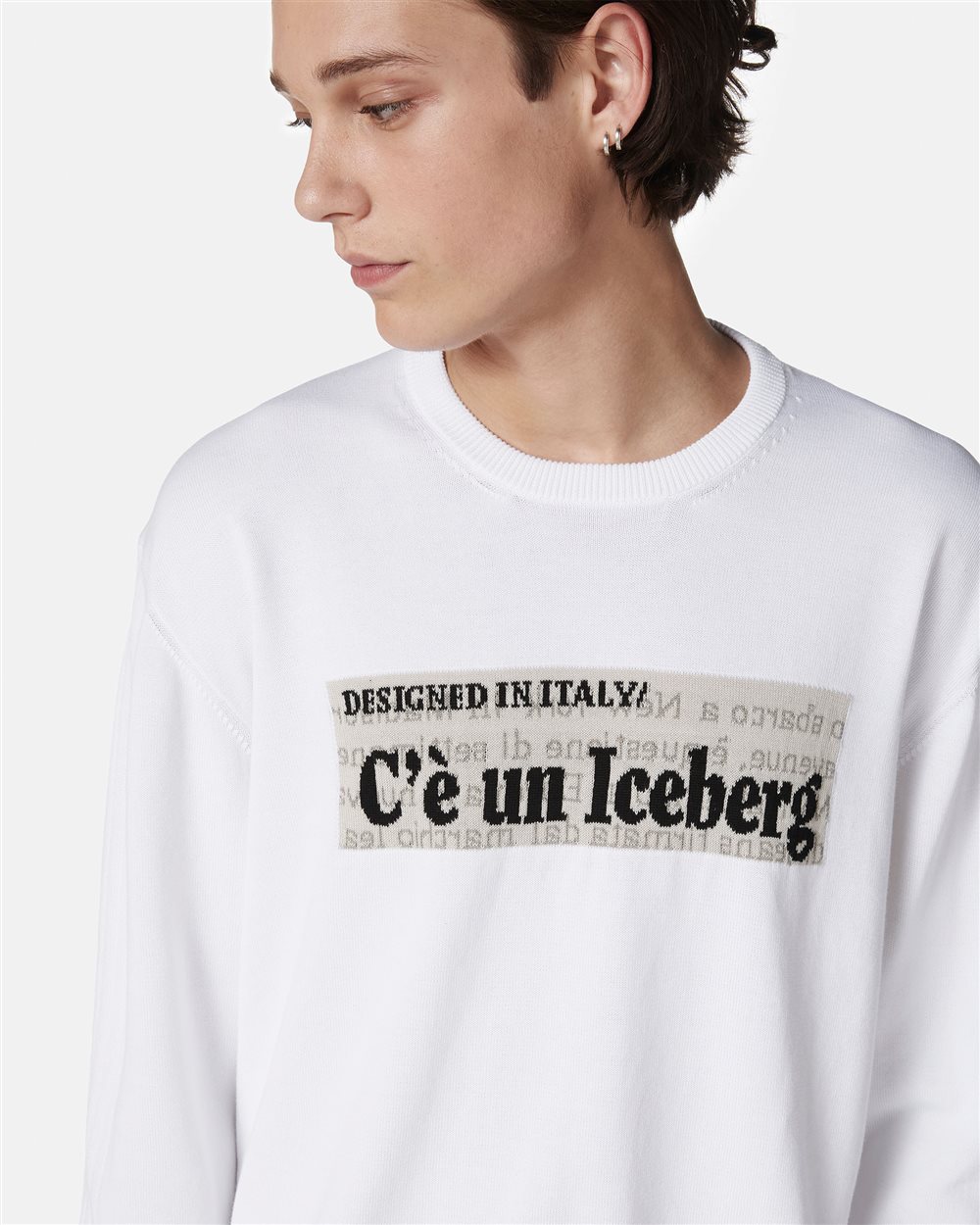 White crewneck cotton sweater with jacquard graphics - Iceberg - Official Website