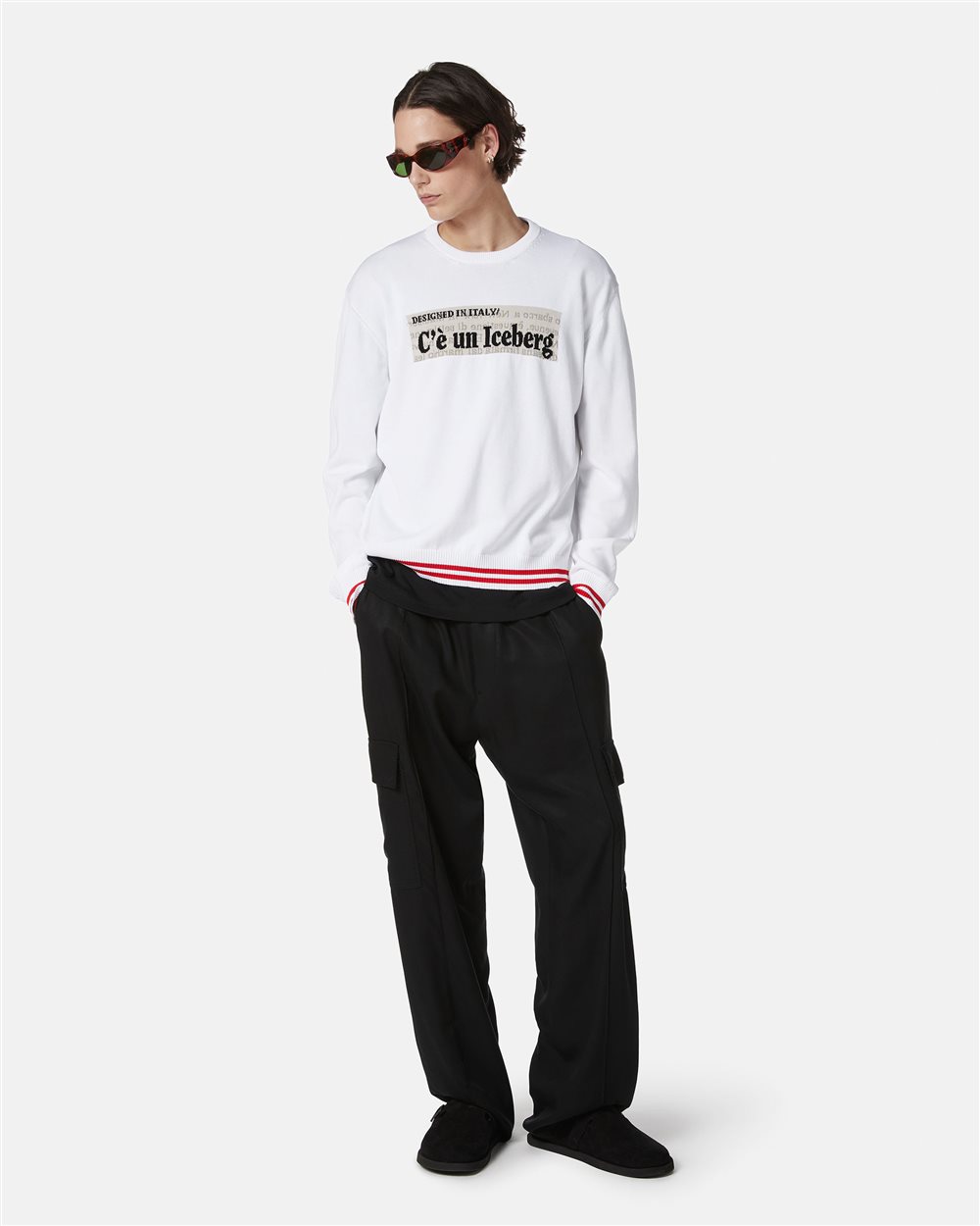 White crewneck cotton sweater with jacquard graphics - Iceberg - Official Website