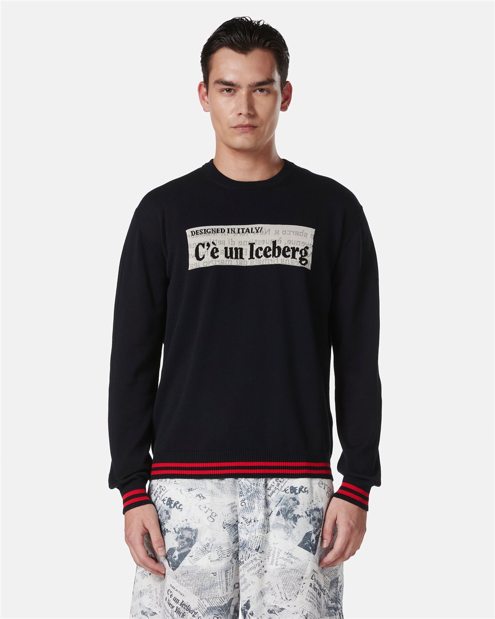 Blue crewneck cotton sweater with jacquard graphics - Iceberg - Official Website