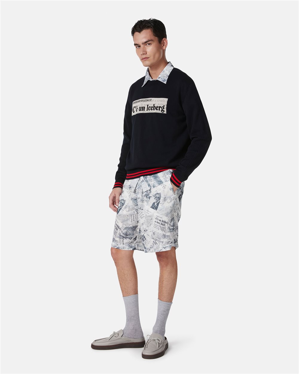 Blue crewneck cotton sweater with jacquard graphics - Iceberg - Official Website