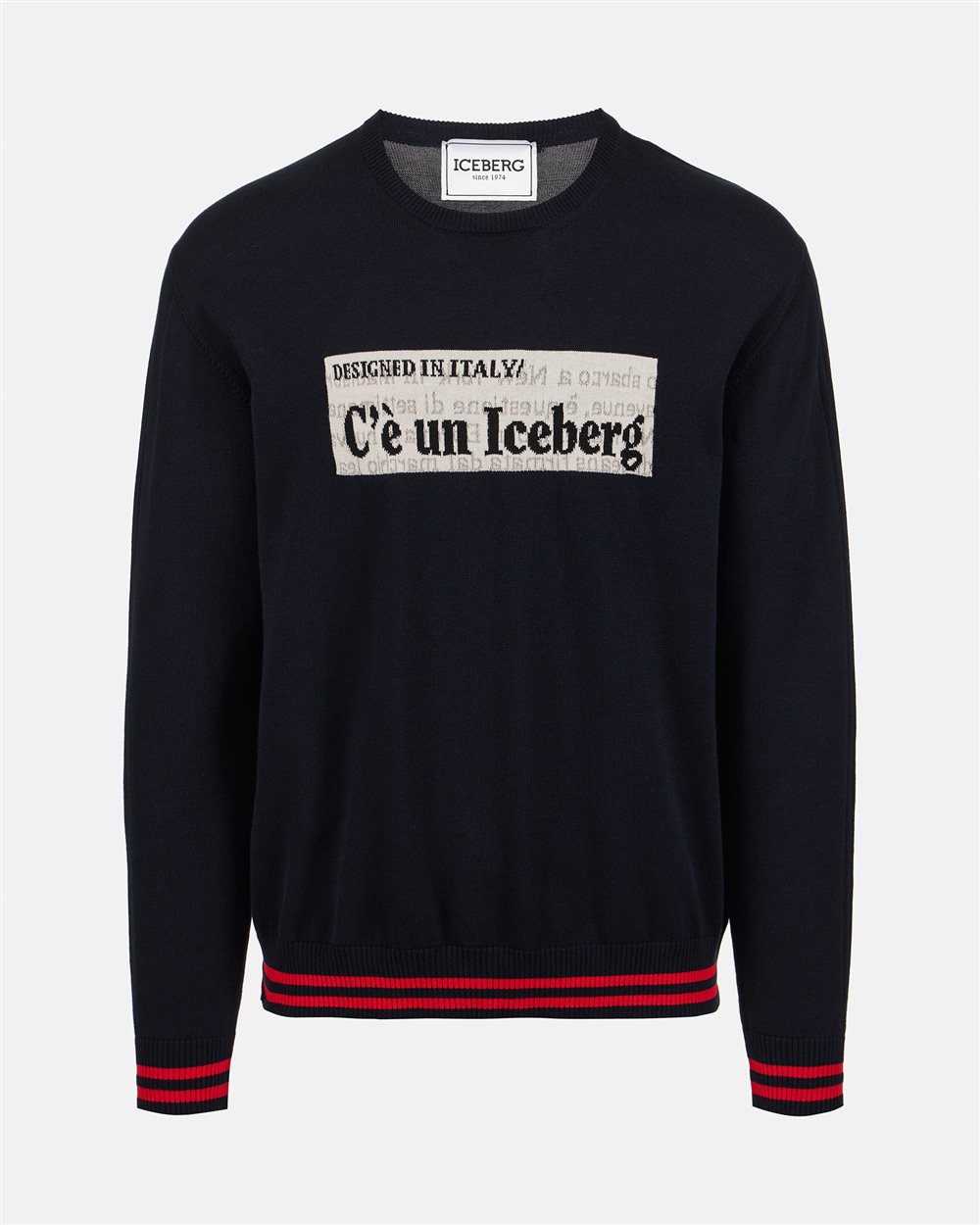 Blue crewneck cotton sweater with jacquard graphics - Iceberg - Official Website