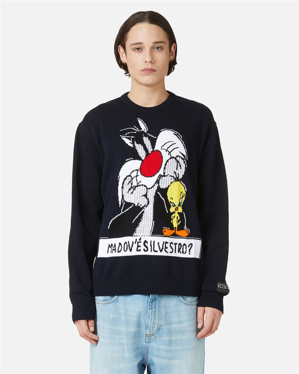Cotton crewneck sweater with cartoon and jacquard inlays - Iceberg - Official Website