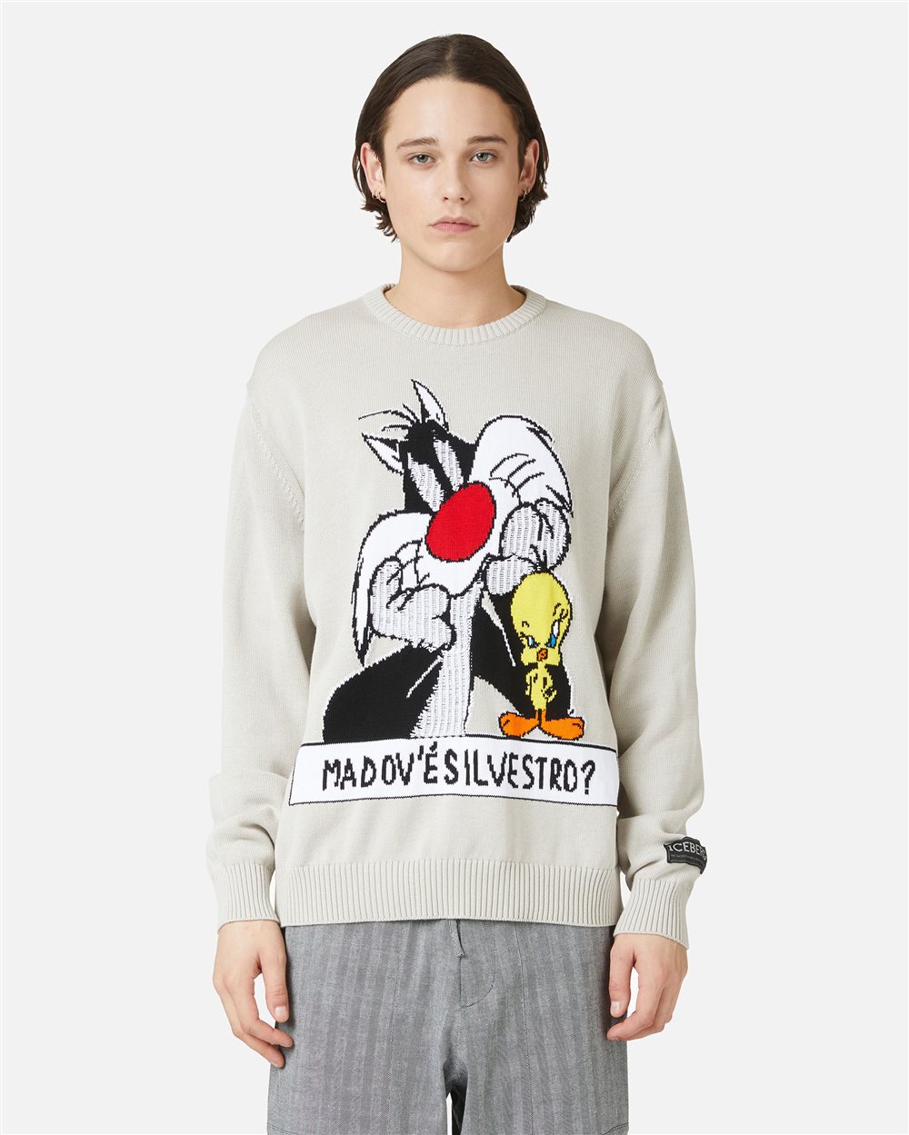 Maglia color ghiaccio girocollo in cotone con intarsi cartoon e jacquard - Iceberg - Official Website