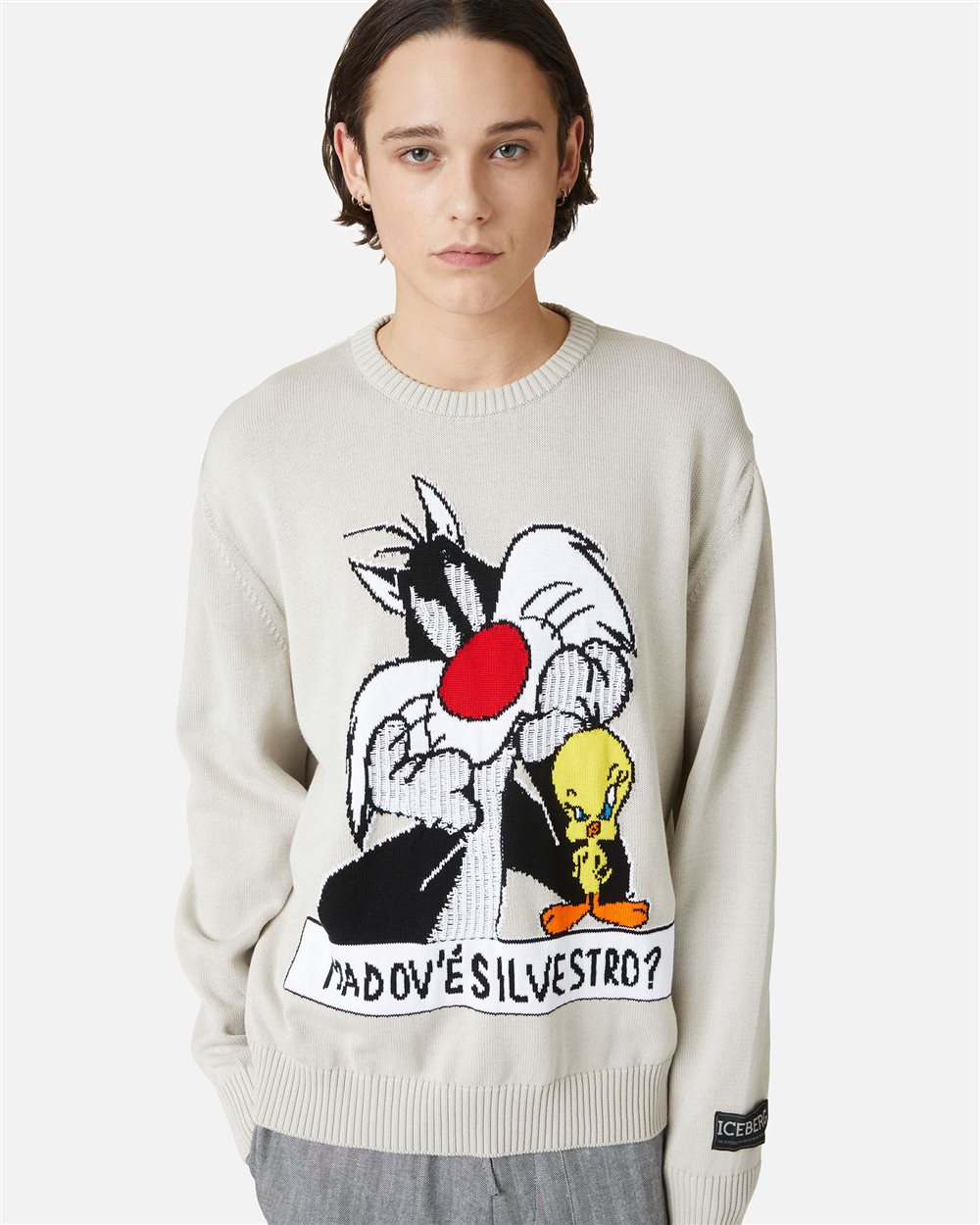 Maglia color ghiaccio girocollo in cotone con intarsi cartoon e jacquard - Iceberg - Official Website