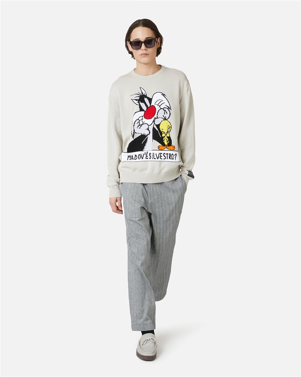 Maglia color ghiaccio girocollo in cotone con intarsi cartoon e jacquard - Iceberg - Official Website