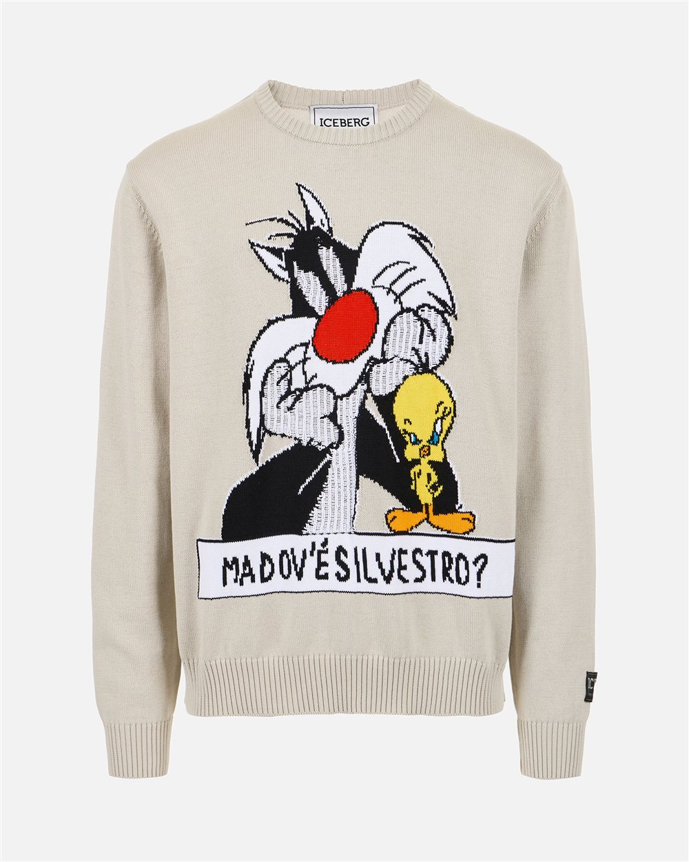 Maglia color ghiaccio girocollo in cotone con intarsi cartoon e jacquard - Iceberg - Official Website