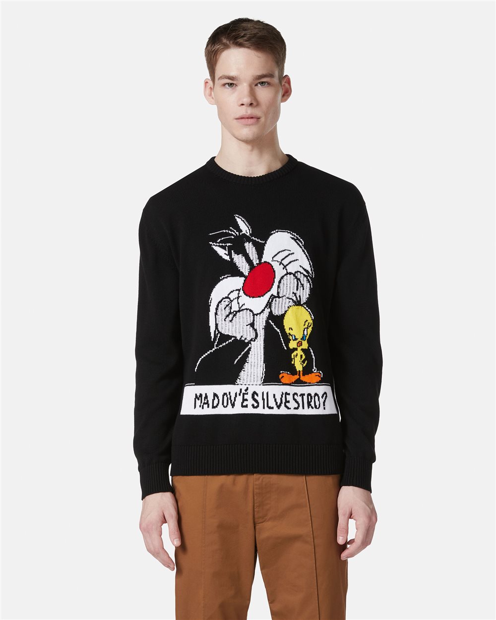 Maglia girocollo nera in cotone con intarsi cartoon e jacquard - Iceberg - Official Website