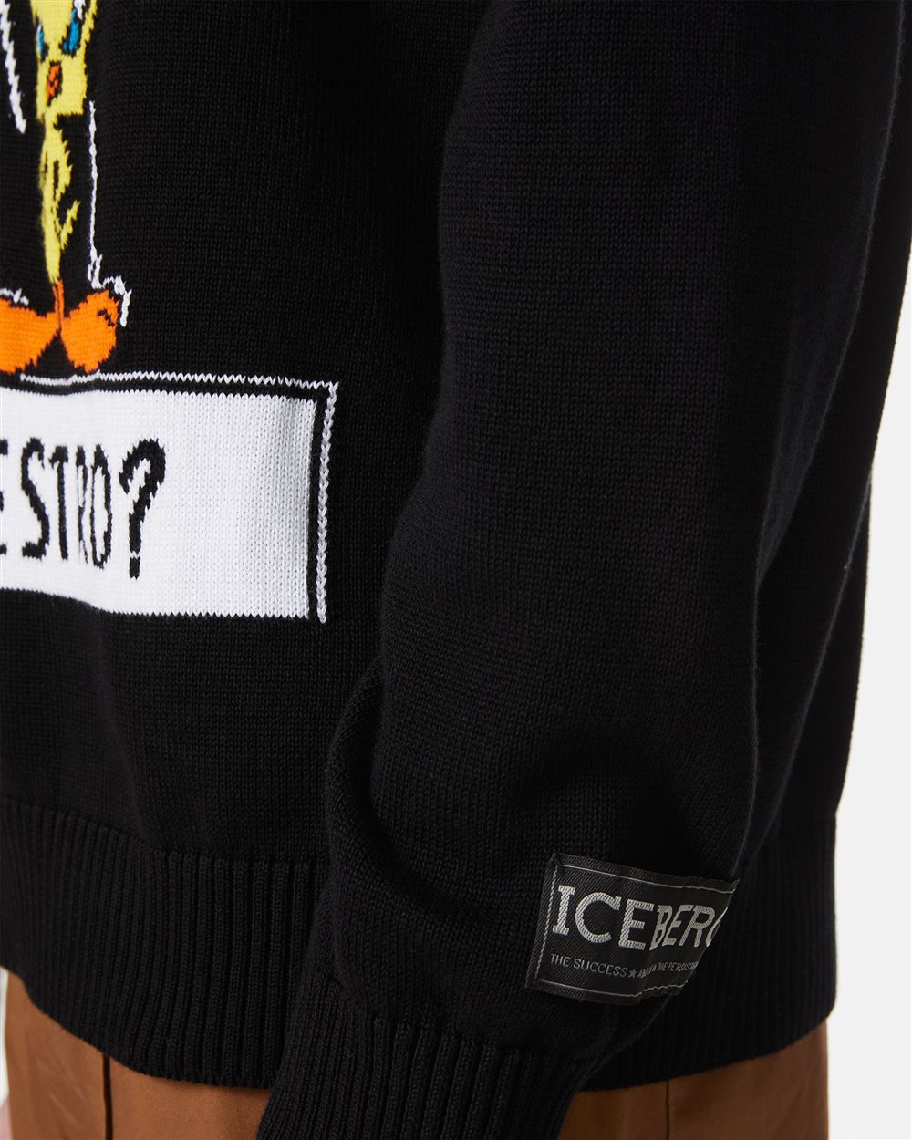 Maglia girocollo nera in cotone con intarsi cartoon e jacquard - Iceberg - Official Website