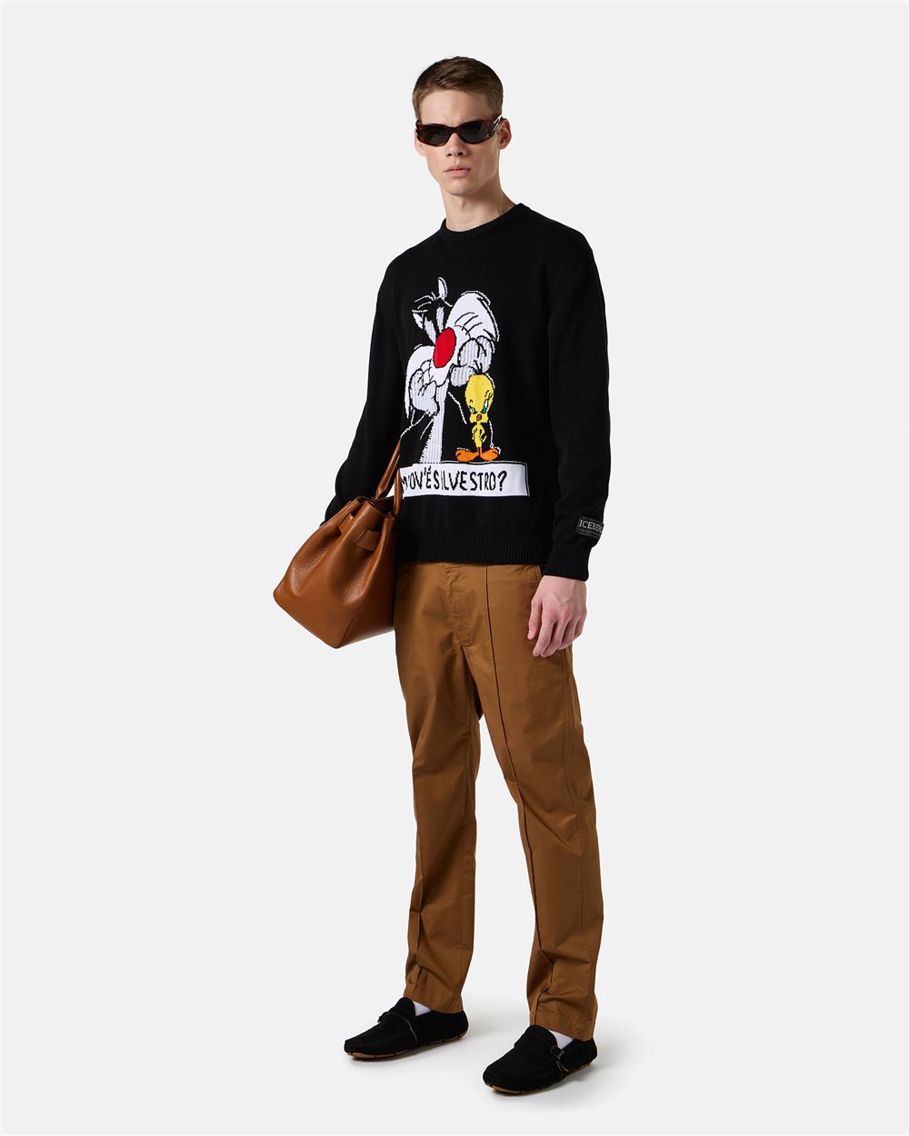 Maglia girocollo nera in cotone con intarsi cartoon e jacquard - Iceberg - Official Website