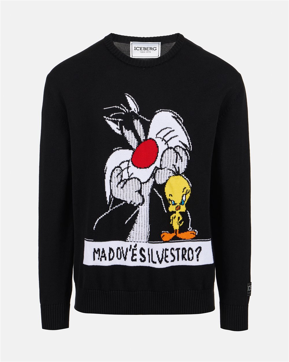 Maglia girocollo nera in cotone con intarsi cartoon e jacquard - Iceberg - Official Website