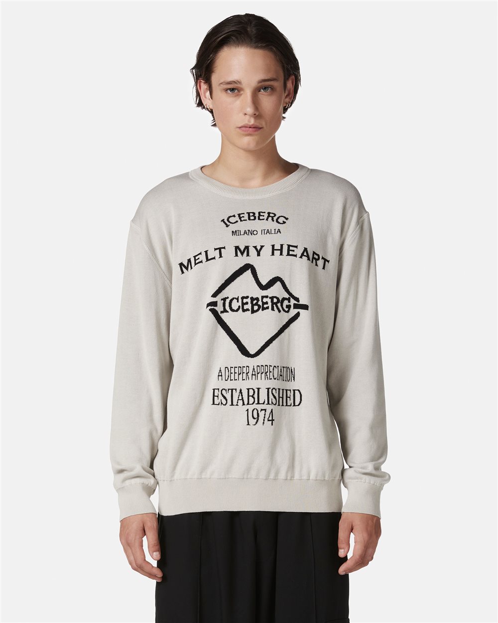 Ice colored crewneck sweater in double jacquard cotton with graphics - Iceberg - Official Website