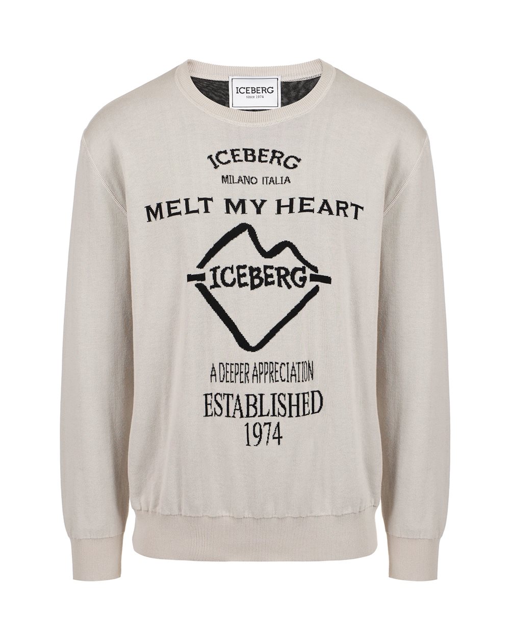 Ice colored crewneck sweater in double jacquard cotton with graphics - Iceberg - Official Website