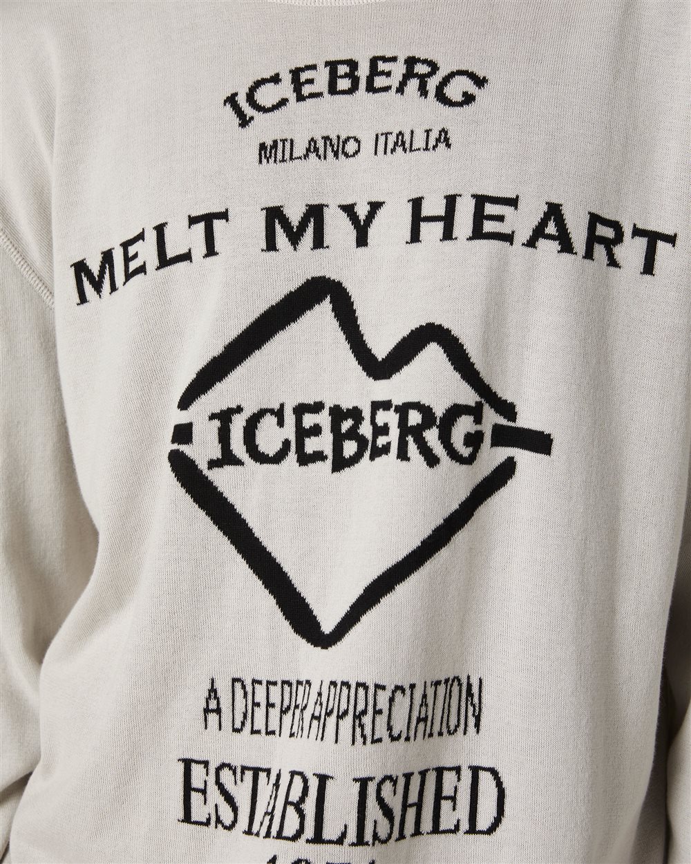 Ice colored crewneck sweater in double jacquard cotton with graphics - Iceberg - Official Website