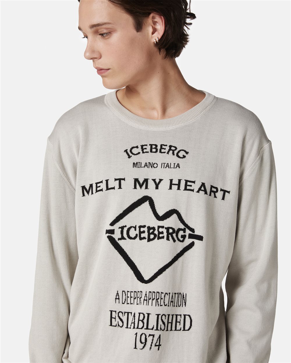 Ice colored crewneck sweater in double jacquard cotton with graphics - Iceberg - Official Website