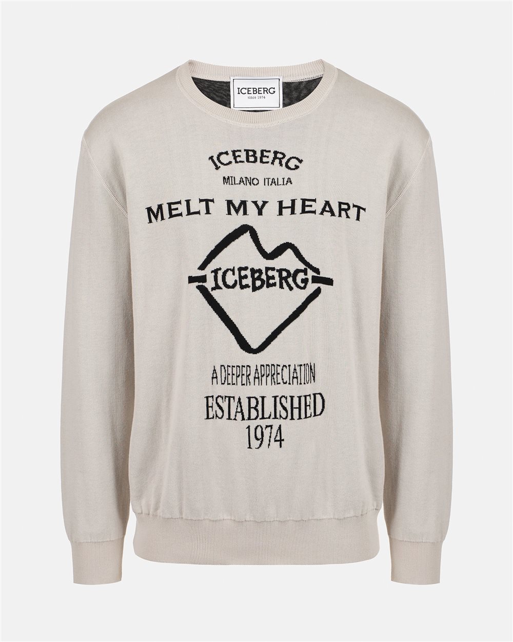 Ice colored crewneck sweater in double jacquard cotton with graphics - Iceberg - Official Website