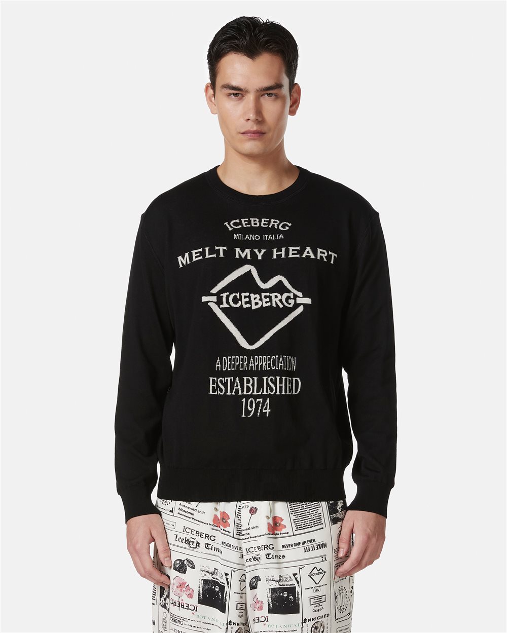 Black crewneck sweater in double jacquard cotton with graphics - Iceberg - Official Website