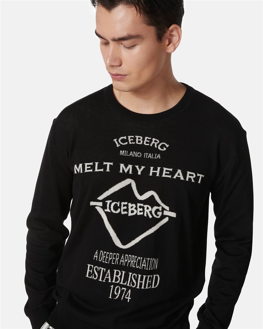Black crewneck sweater in double jacquard cotton with graphics - Iceberg - Official Website
