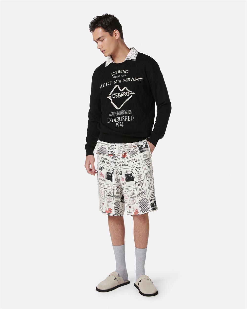 Black crewneck sweater in double jacquard cotton with graphics - Iceberg - Official Website
