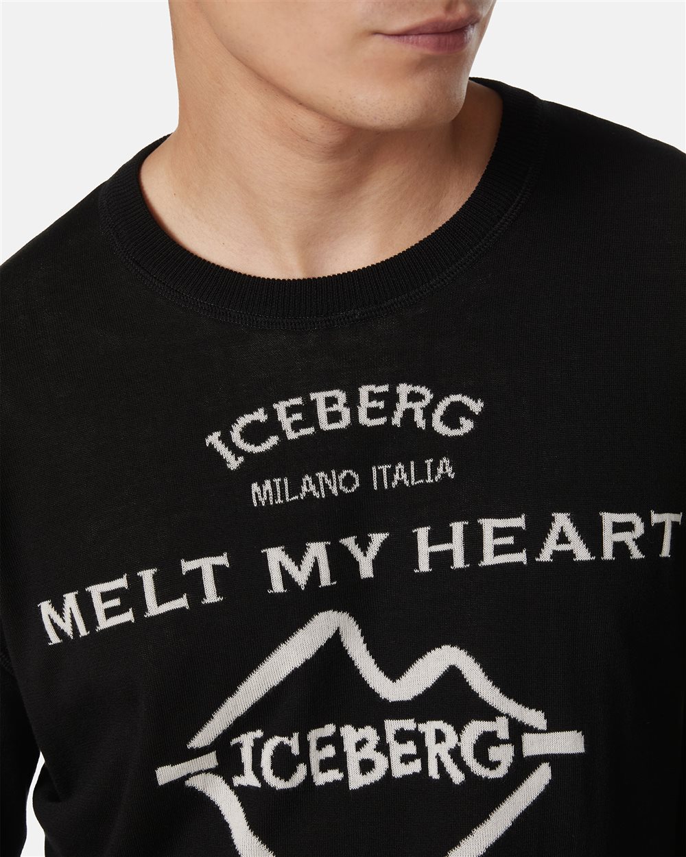 Black crewneck sweater in double jacquard cotton with graphics - Iceberg - Official Website