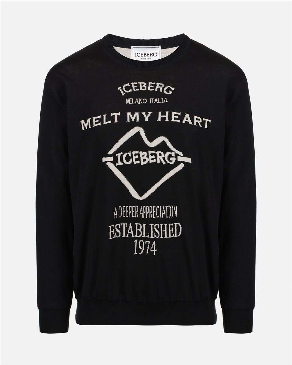 Black crewneck sweater in double jacquard cotton with graphics - Iceberg - Official Website