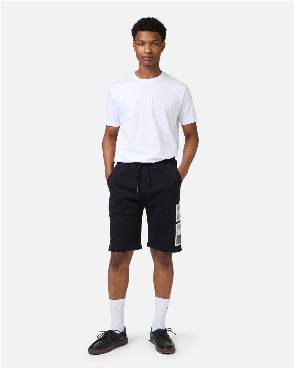 Black slim fit cotton fleece bermuda - Iceberg - Official Website