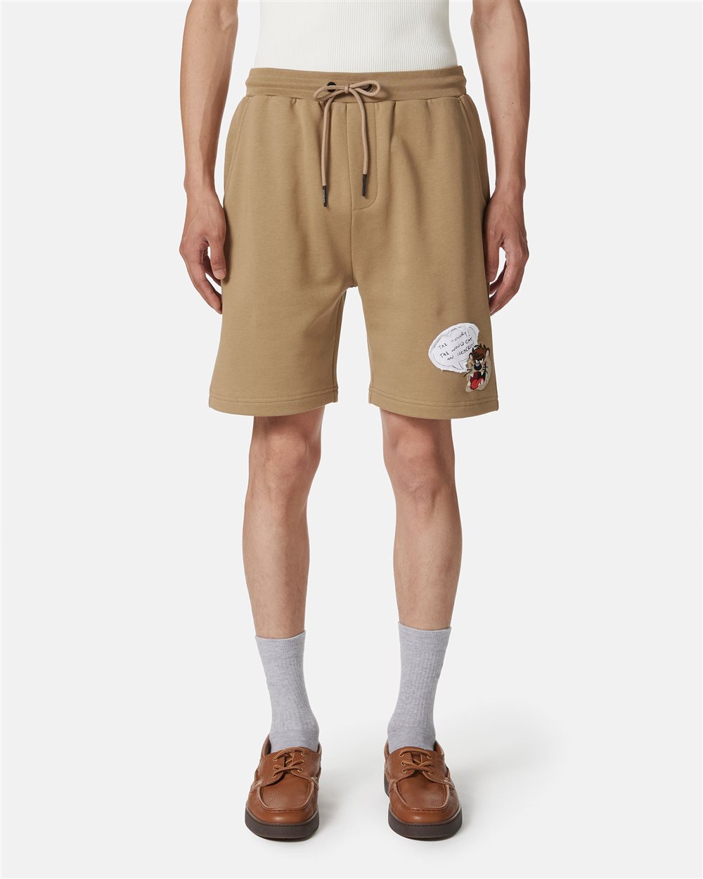 Slim fit mud cotton fleece Bermuda shorts with Taz embroidery - Iceberg - Official Website
