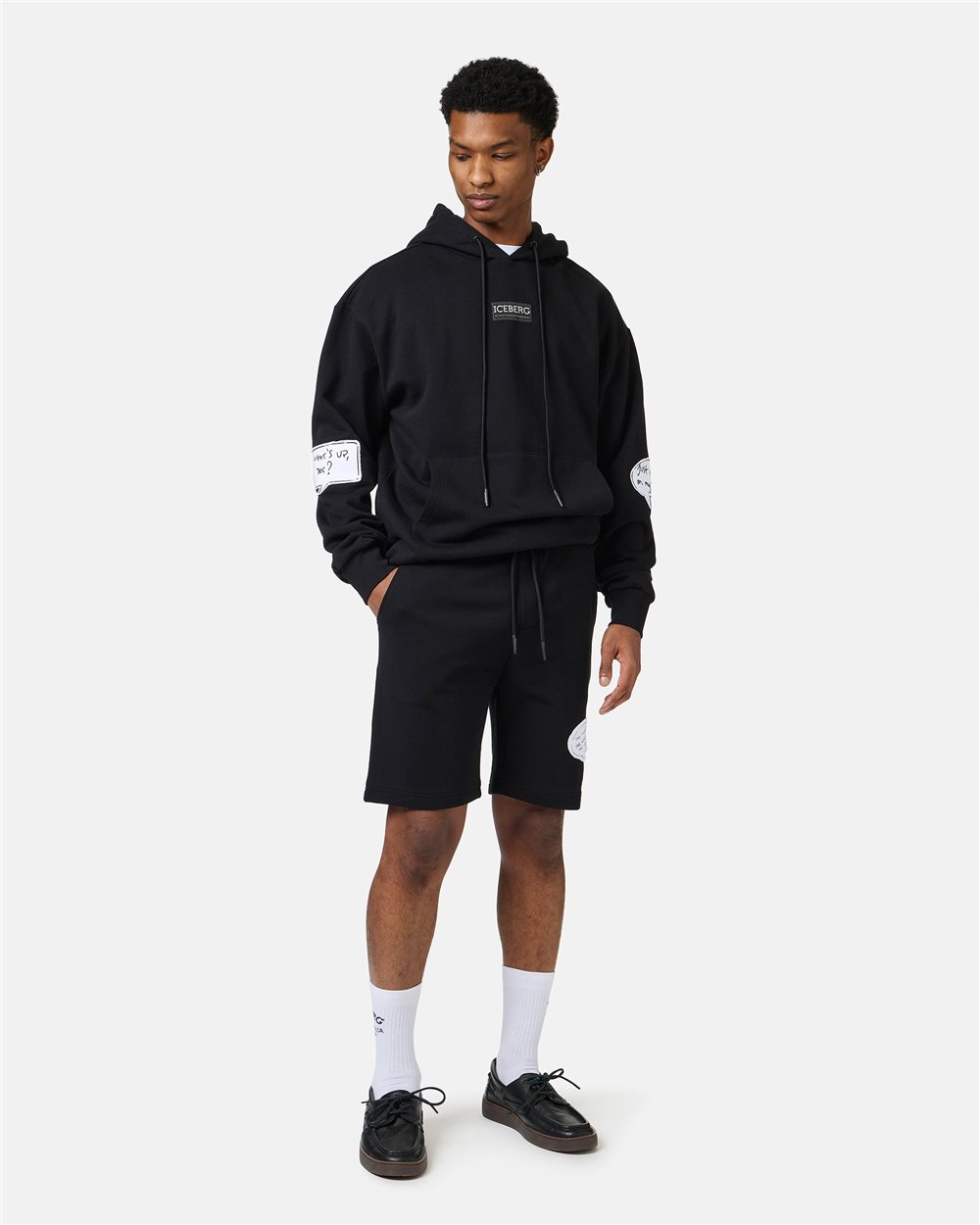 Slim fit black cotton fleece Bermuda shorts with Taz embroidery - Iceberg - Official Website