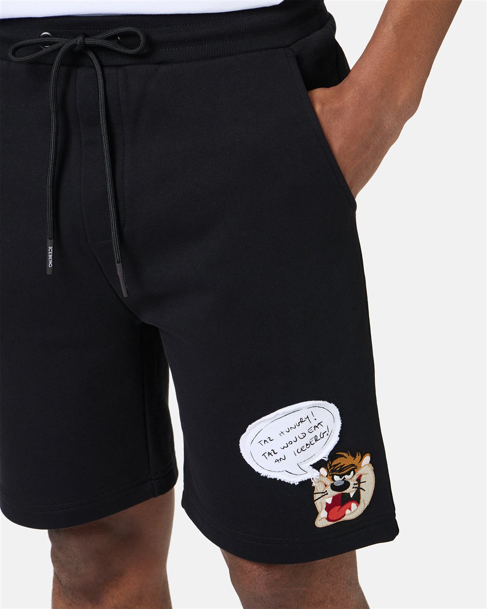 Slim fit black cotton fleece Bermuda shorts with Taz embroidery - Iceberg - Official Website
