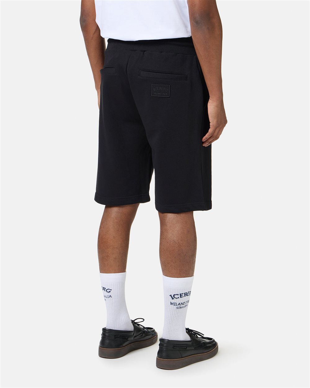 Slim fit black Bermuda shorts in sustainable cotton fleece with embroidered patch - Iceberg - Official Website