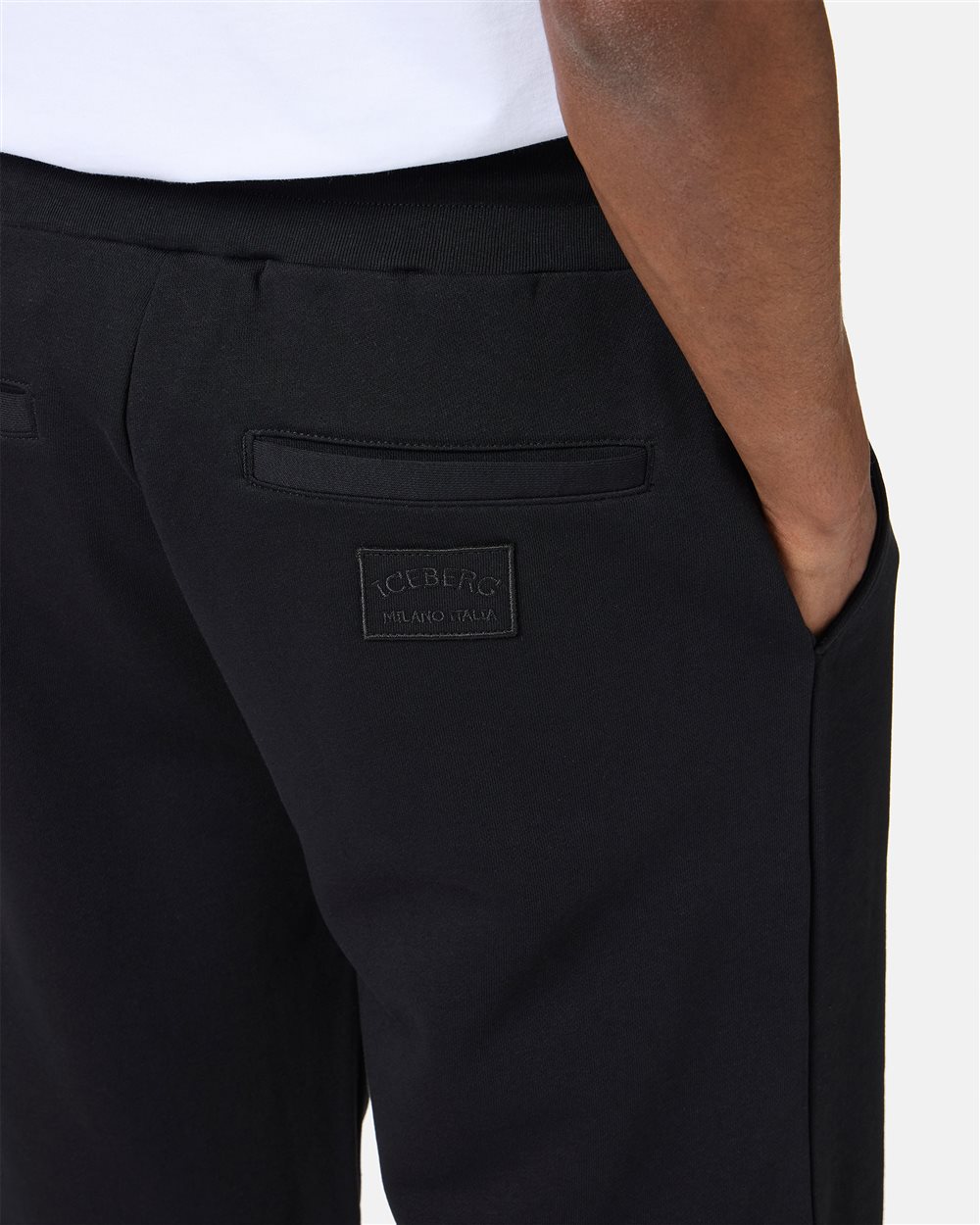 Slim fit black Bermuda shorts in sustainable cotton fleece with embroidered patch - Iceberg - Official Website