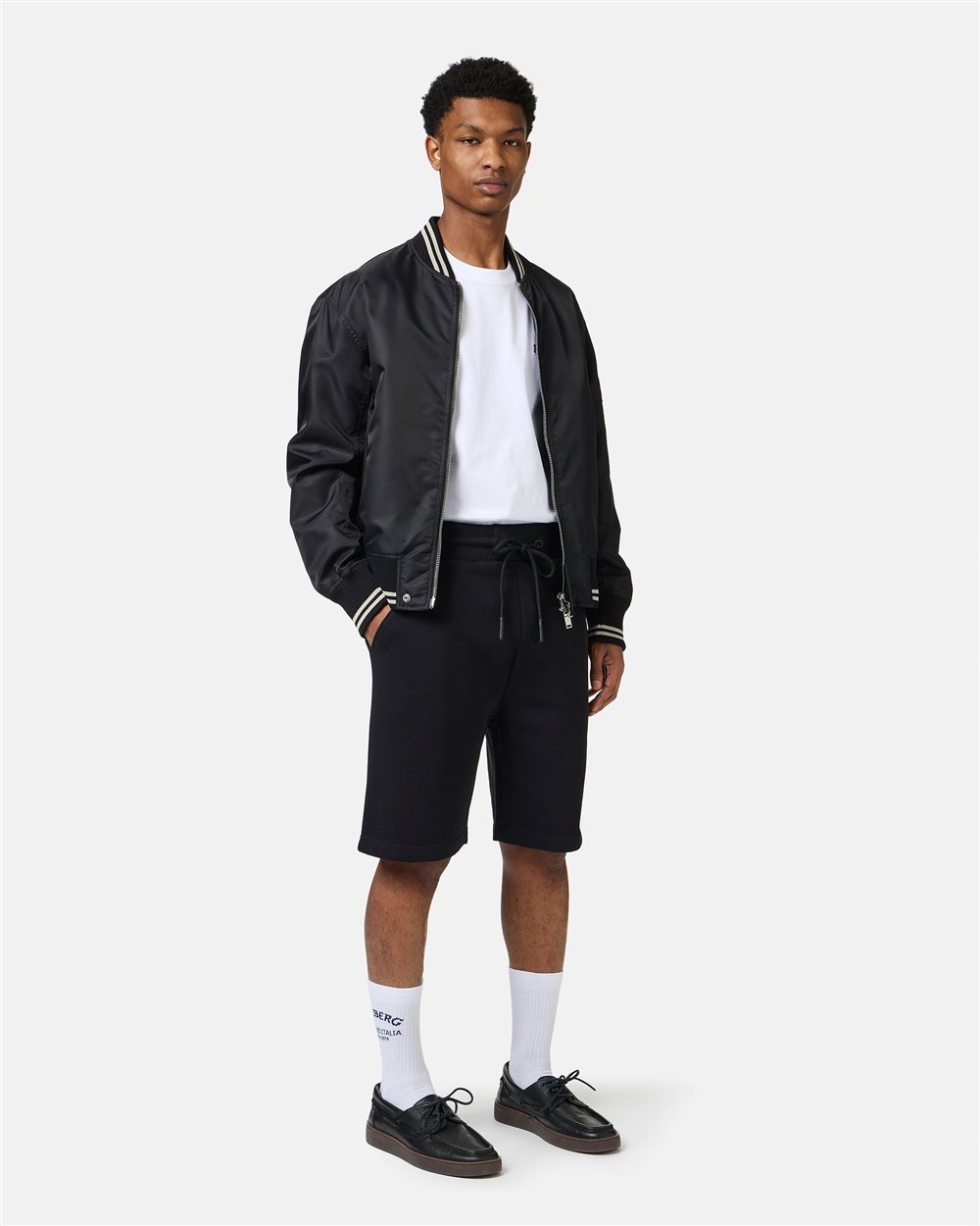 Slim fit black Bermuda shorts in sustainable cotton fleece with embroidered patch - Iceberg - Official Website
