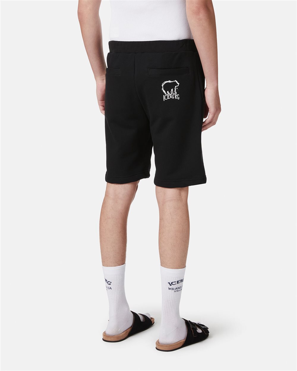 Black slim fit Bermuda shorts in cotton fleece with Bear print - Iceberg - Official Website