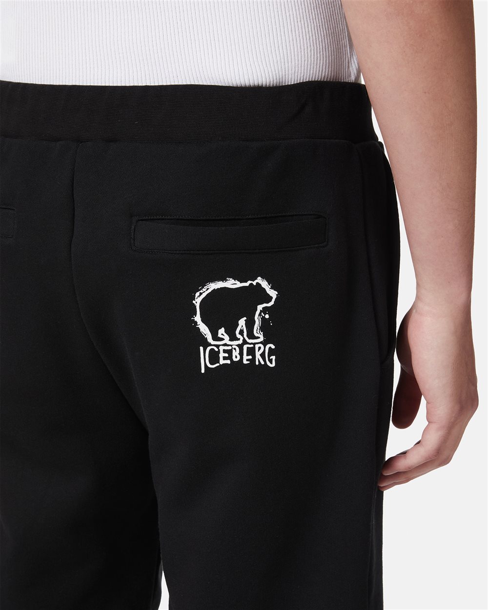 Black slim fit Bermuda shorts in cotton fleece with Bear print - Iceberg - Official Website