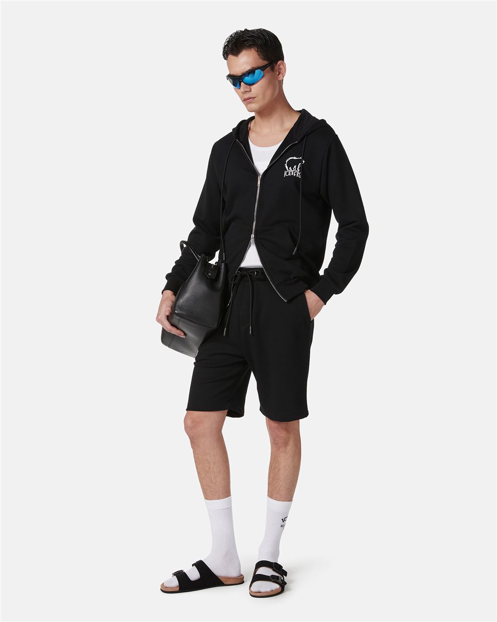 Black slim fit Bermuda shorts in cotton fleece with Bear print - Iceberg - Official Website