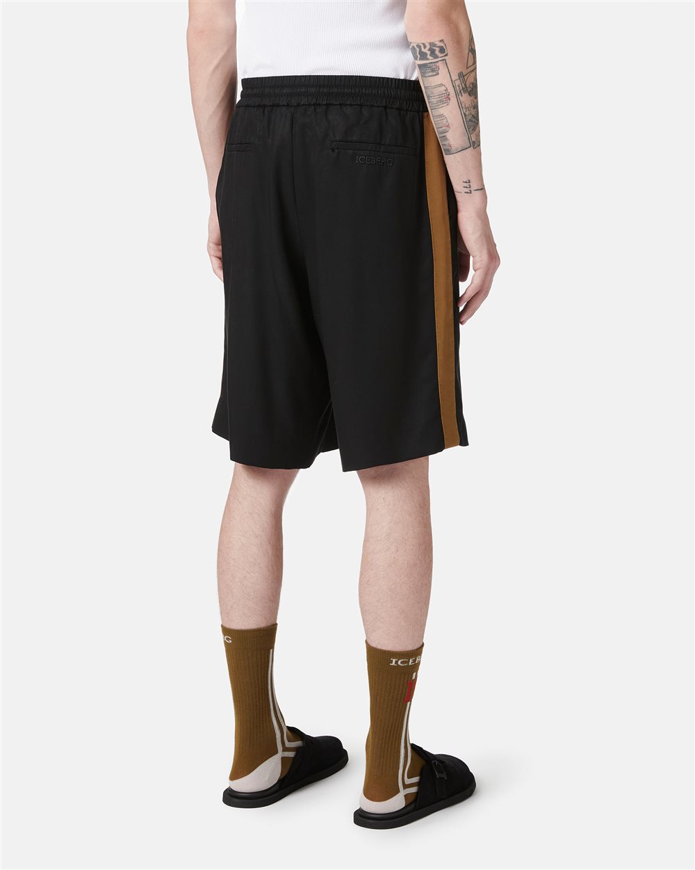 Comfort fit black Bermuda shorts in Tencel with contrasting stripes - Iceberg - Official Website