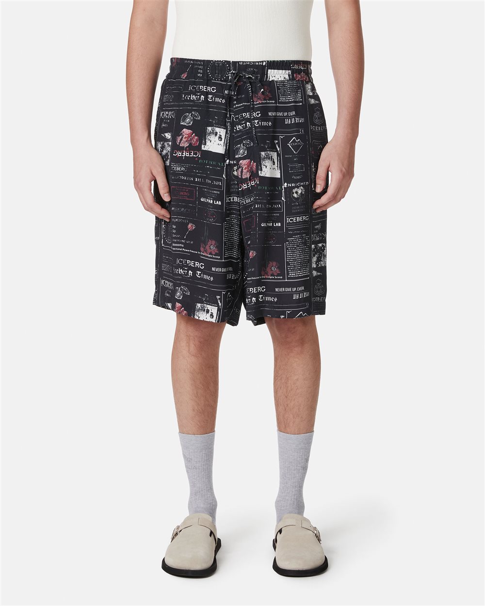 ECOVERO Viscose Relaxed Fit Bermuda Shorts with Allover Multi-Logo Print - Iceberg - Official Website